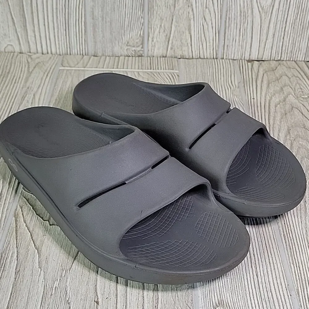 OOFOS OOah Grey Comfort Sport Slide Sandals Mens Size 10 Womens Size 12